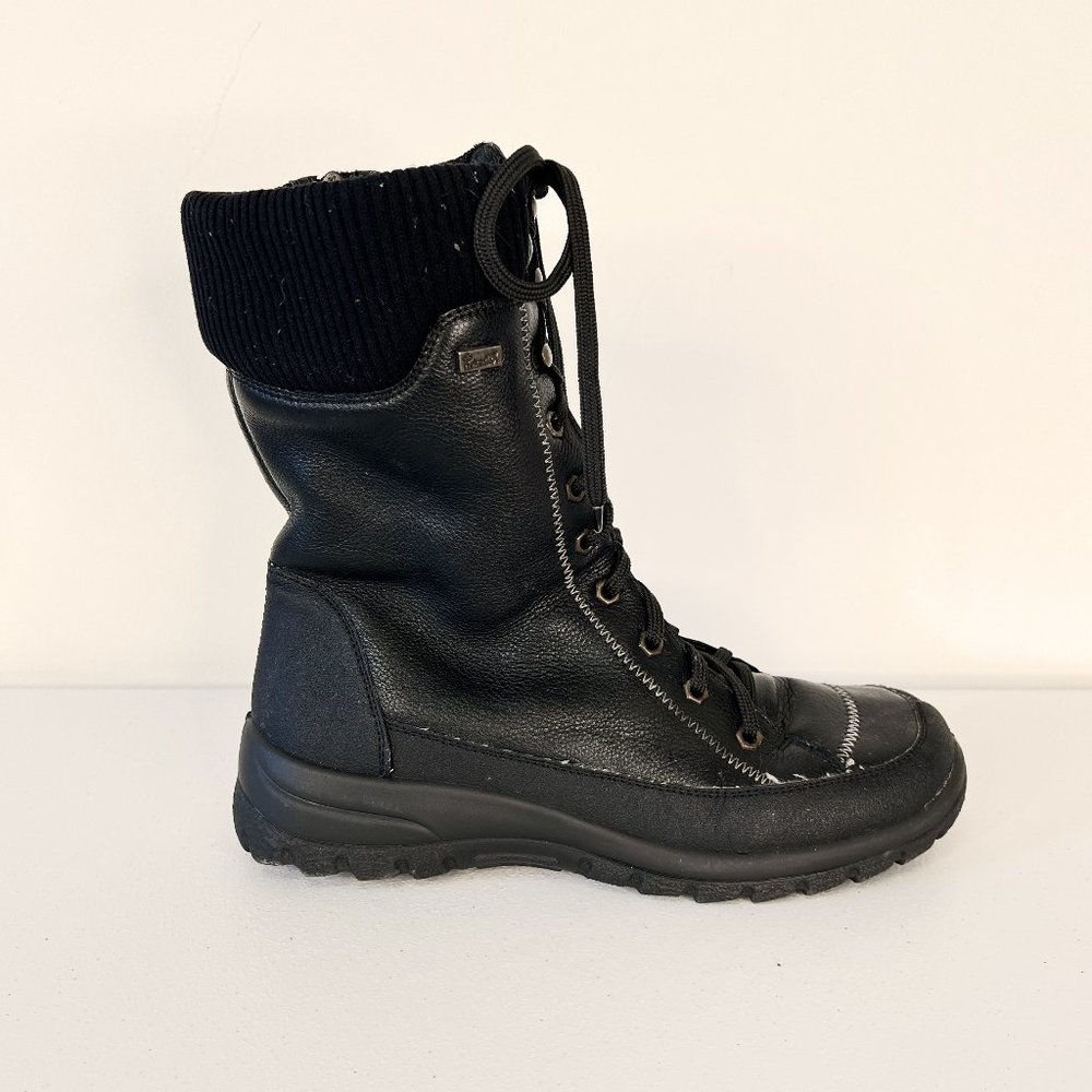 Rieker Black Faux Leather Lace Up & Side Zip Winter Boots